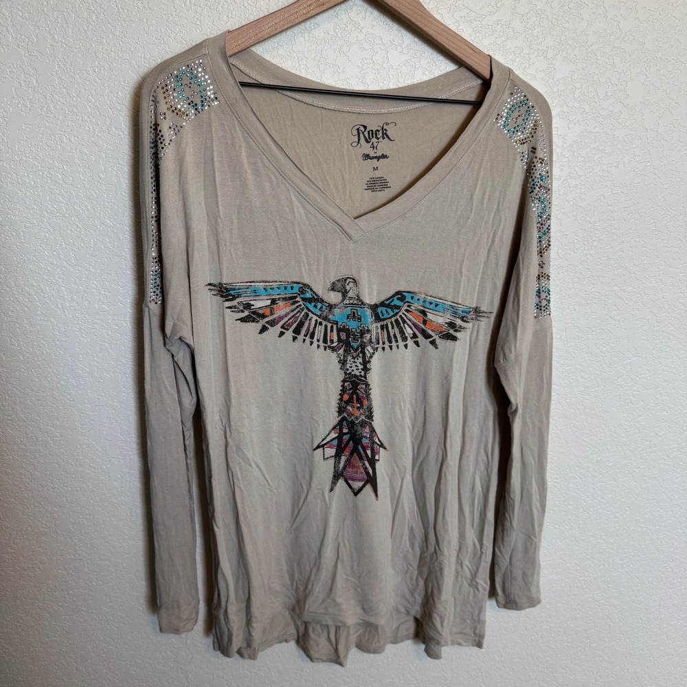 Western Boho Rhinestone Rock 47 by Wrangler Long Sleeve Tee Medium Tan‎ - Picture 2 of 5